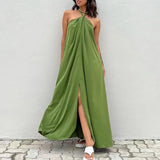 ZJKRL  -  New Women Elegant Solid Split Party Dress Fashion Summer Halter Off Shoulder Boho Beach Dress Sexy Loose Hem Backless Long Dress