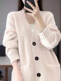 Zjkrl  -  Cashmere Blend Wool Soft Winter Warm Knitted V-neck Women's Cardigans Sweater Korean Fashion Casual Loose Long Sleeve Coat