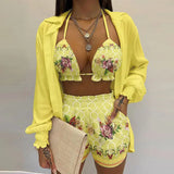 Zjkrl  -  Summer Sexy Bikini Three-piece Set Women's Printed Long Sleeve Shirt Sling Elastic Waist Shorts Beach Party