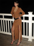 Sampic Ribber Sexy Low Cut Long Sleeve Maxi Split Dress Women Autumn Deep V Neck Bodycon Long Dresses Party Clubwear