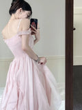 Summer Women Sweet Pink Fairy Chiffon Midi Dress Korean Elegant One-piece A-Line Vestidos Female Clothing Mujers