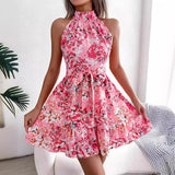 ZJKRL  -  High Quality Women's Clothing Sweet Princess Print Sleeveless Round Neck Hanging Neck Dress with Lace Up Elegant Dress Vestidos