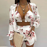 Zjkrl  -  Summer Sexy Bikini Three-piece Set Women's Printed Long Sleeve Shirt Sling Elastic Waist Shorts Beach Party