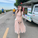 Zjkrl  -  Summer Chiffon Fairy Dress Women Solid Elegant Party Midi Dress Female Casual Sweet Korean Fashion Pink Dress New Clothes