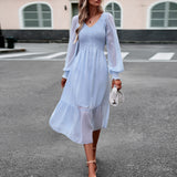 Zjkrl - Autumn Dress Women Clothing 2023 New Women's V-neck Lantern Sleeve Solid Color Navy Blue Black Light Blue Apricot Long Dresses