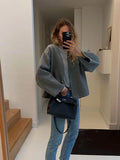 Zjkrl  -  Women's Coat Grey Elegant Button Long Sleeve Female Coats Autumn Winter Fashion V-neck Loose Ladies Short Jackets