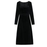 Zjkrl - 2023 New Spring and Fall Vintage Black Long Sleeve Dress Woman Elegant Fashion Velvet Midi Dress Korean Style Even Party Dresses