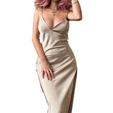 Zjkrl  -  New European and American spring and summer camisole women's clothing with elegant temperament, satin slit dress