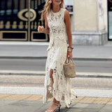 ZJKRL  -  Sexy Embroidery Lace Jacquard Women Set Spring O-neck Sleeveless Vest Top & Slit Skirts Outfits Summer Irregular 2pcs Suit Mujer