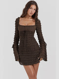 Zjkrl - Elegant Multilayer Lace Backless Mini Dress Women Brown Square Collar Long Flare Sleeve Club Party Sexy Dress Autumn