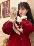 Zjkrl  -  Christmas Red Jacket Japanese Soft Girl Doll Neck Cute Thickened Coat 3 Piece Set Shirt Female Winter Sweet Girl Skirt Slim Fit