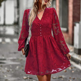 V-Neck 2023 Spring/Summer Flower Print Lantern Sleeve Waist Closing Temperament Casual Yarn Mesh Dresses Elegant Women's Dresses