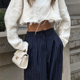 ZJKRL  -  Navy Blue Retro Striped Casual Wide Leg Pants New Fashionable and Versatile Women's Trousers