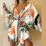 Zjkrl  -  New Summer Beach Elegant Women Dresses Sexy V Neck Lace-up Floral Print Mini Dress Casual Flared Sleeves Ladies Party Dress