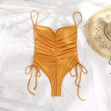 ZJKRL  -  Europe New Drawstring One-piece Swimsuit Female Solid Color Pleated Sexy Strap Bikini Ten Colors