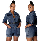 ZJKRL  -  Denim Rompers Womens Jumpsuit Shorts Fashion Turn Down Collar Short Sleeve Big Pockets Denim Playsuits