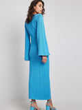 Zjkrl - Flared Long Sleeves Split Maxi Dress Women Fashion Blue O-neck Sweater Dresses Female Elegant Bodycon Vestidos