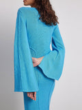 Zjkrl - Flared Long Sleeves Split Maxi Dress Women Fashion Blue O-neck Sweater Dresses Female Elegant Bodycon Vestidos