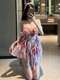 ZJKRL  -  Dresses Feminine V-neck Low Cut Floral Lace Slim Strapless Short Dress Elegant Sweet Korean Women Fairy Dress H6QB