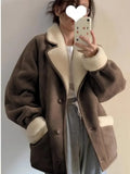 Zjkrl  -  Winter Fashion Brown Patchwork Faux Fur Velvet Cotton Jacket Women Long Sleeve Single-sided Warm Lapel Coat Female Casual Trend