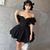 Zjkrl  -  Summer Black Dress Slim Gothic Ball Gown Puff Sleeve Print Slash V-neck Sexy Mini Dress Lace Dark Women Elegant Skirt High Waist