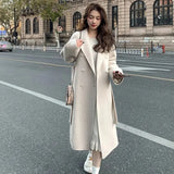 Zjkrl  -  Solid Lace Up Long Woolen Coat for Women Korean Loose Fashion Double Breasted Lapel Collar Female Autumn Winter Overcoats New