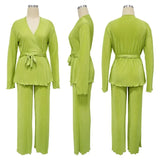 Zjkrl  -  Fitness Women's Set Fashion Pleated Long Sleeve V-neck Tops and Wide Leg Pants 2024 Two 2 Piece Sets Outfit Tracksuits