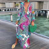 Zjkrl  -  Women Boho Print Loose Beach Dress Elegant Deep V-Neck Maxi Dress Ladies Sexy Long Sleeve Oversized Dresses Robe Longue