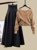 Zjkrl - 2023 Autumn Winter Skirt Sets For Women Outfits Korean Casual Knitwears Pullover Sweater And High Waist Skirts Two Piece Sets