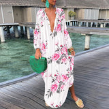 Zjkrl  -  Women Boho Print Loose Beach Dress Elegant Deep V-Neck Maxi Dress Ladies Sexy Long Sleeve Oversized Dresses Robe Longue