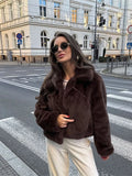 Zjkrl  -  Warm Faux Fur Short Coat Women Loose Lapel Long Sleeve  Furry Plush Coat Female Fashion Winter Thicken Brown Lady Outwear