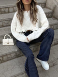 ZJKRL  -  Navy Blue Retro Striped Casual Wide Leg Pants New Fashionable and Versatile Women's Trousers