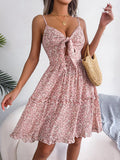 ZJKRL  -  Spring and Summer Floral Bow V-neck Wooden Ear Hem Dress Vacation Camisole Dress Women's Clothing