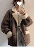 Zjkrl  -  Winter Fashion Brown Patchwork Faux Fur Velvet Cotton Jacket Women Long Sleeve Single-sided Warm Lapel Coat Female Casual Trend