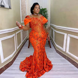 Zjkrl  -  Orange Aso Ebi Lace Mermaid Prom Dresses Sheer Neck Plus Size Cap Sleeve Evening Gowns Saudi Arabia Sweep Train Party Dress