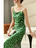 Zjkrl - Summer Green Polka Dot Sexy Sundress for Women 2024 Elegant Dresses Shirring Lace-Up Sleeveless Midi Beach Dress