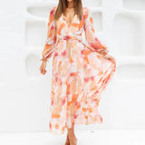 ZJKRL  -  New Autumn Long Sleeved Pleated Party Dress Casual High Waist Holiday Maxi Dress Ladies V-neck Floral Print Bohemian Dress