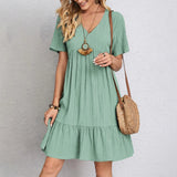 Zjkrl  -  Summer Womens Short Sleeve Mini Dress Ladies Pleated Ruffle Solid Dresses Casual V Neck Vintage Loose Vestidos