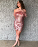 Zjkrl  -  Sequin Mini Hoco Dress NYE Feather Strapless Short Lady Formal Homecoming Party Gown Club Night Cocktail Prom Gala RoseGold