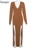 Sampic Ribber Sexy Low Cut Long Sleeve Maxi Split Dress Women Autumn Deep V Neck Bodycon Long Dresses Party Clubwear