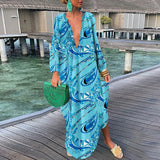 Zjkrl  -  Women Boho Print Loose Beach Dress Elegant Deep V-Neck Maxi Dress Ladies Sexy Long Sleeve Oversized Dresses Robe Longue