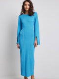 Zjkrl - Flared Long Sleeves Split Maxi Dress Women Fashion Blue O-neck Sweater Dresses Female Elegant Bodycon Vestidos