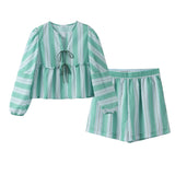 Zjkrl  -  Casual Stripe Shirt Shorts Sets Women Loose Bow Lace Up Hollow Out Long Lantern Sleeve Female Suit Summer Beach Lady Set