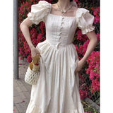 Elegant Square Collar White Dress Summer Fashion Puff Sleeve Ruffle Dress for Women 2024 Chic Vintage Maxi Dresses 2024  New