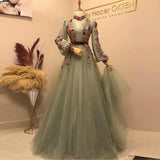 Zjkrl  -  Elegant Mint Green A-Line Prom Dress Long Sleeves Formal Party Dresses Flowers Beads Lace Tulle Muslim Evening Gowns