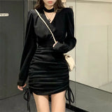 Zjkrl  -  Women V-neck Dress Long Sleeve Ladies Shirring Waist-Tight Elegant Above Knee Black Dresses New Spring Stylish Sexy Versatile OL