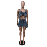 Zjkrl  -  Sexy Women's Denim Two-Piece Summer Halter Top And Slim Skirt Set Comfortable Solid Color Ladies 2-Piece Suit