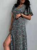 Zjkrl  -  Boho French Style Flower Printed Dress Women V-Neck Elegant Lace-up Sundress Summer Elegantes Para Mujer Maxi Dress Vestido