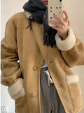 Zjkrl  -  Winter Fashion Brown Patchwork Faux Fur Velvet Cotton Jacket Women Long Sleeve Single-sided Warm Lapel Coat Female Casual Trend