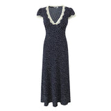 Zjkrl  -  Polka Dot Lace Summer Dress for Women Vintage Navy Blue Maxi Vestidos V Neck Casual Long Dress Female French Style